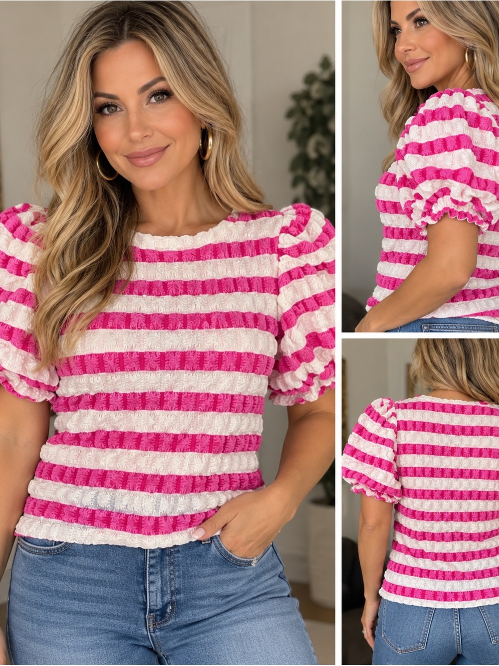 Kaktus Hot Pink and White Striped Puff Sleeve Tank